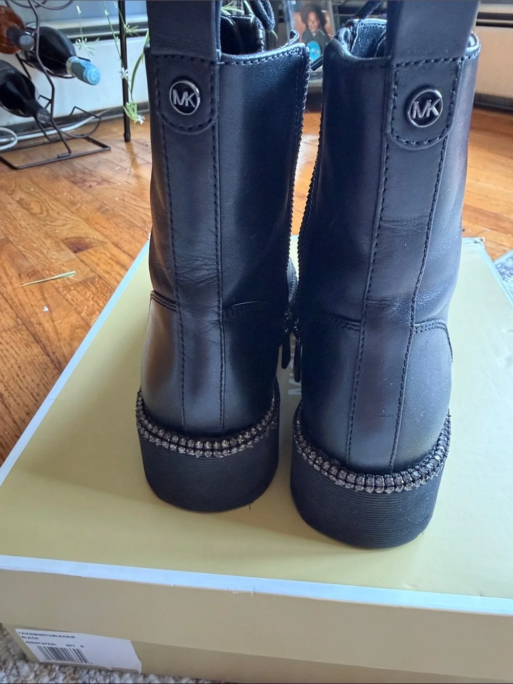 Michael Kors Black Lace-Up Platform Combat Boots with Studded Welt